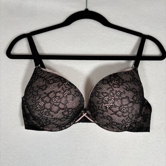 Cosmopolitan Ego Elevator Underwire Padded Bra Size 36D Black Lace Over Pink - Picture 1 of 6